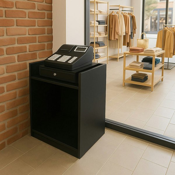 Black shop counter till block TB60 with a cash register, featuring a sleek design and ample storage space, set in a retail environment