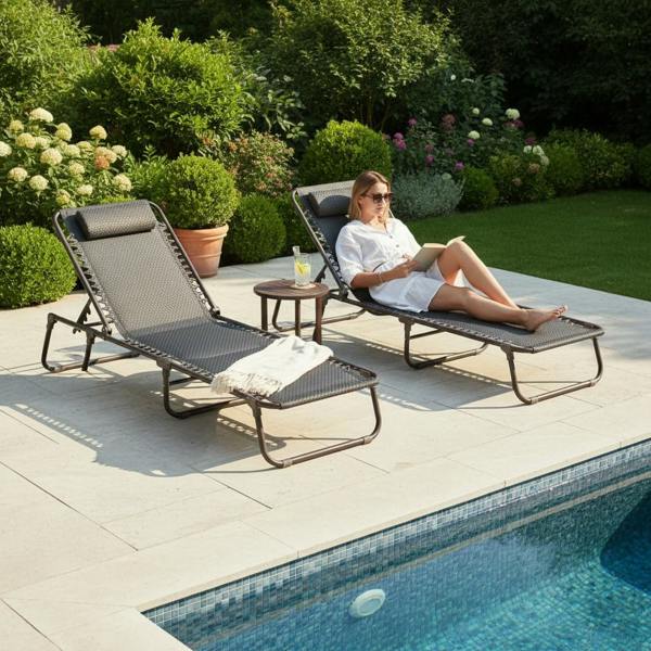 The Garden Marketplace Luxury Padded Lay Flat Garden Sun Loungers Brown (Set of 2)