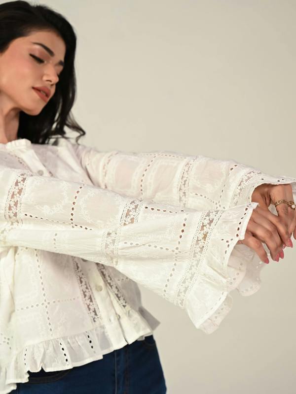 Rose & Nancy Abi Ivory Long Sleeve Embroidered Lace Blouse