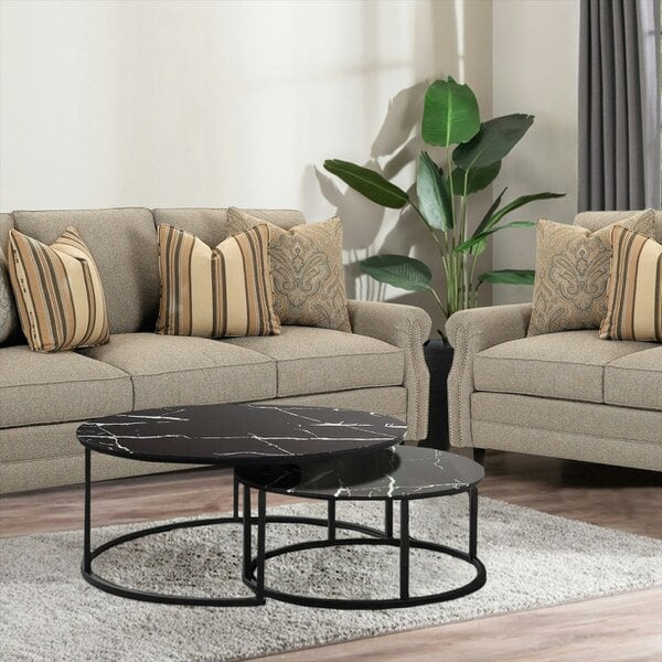 Kosy Koala Round Coffee Table Set of 2 Nest of Tables Marble Glass Coffee Table Living Room