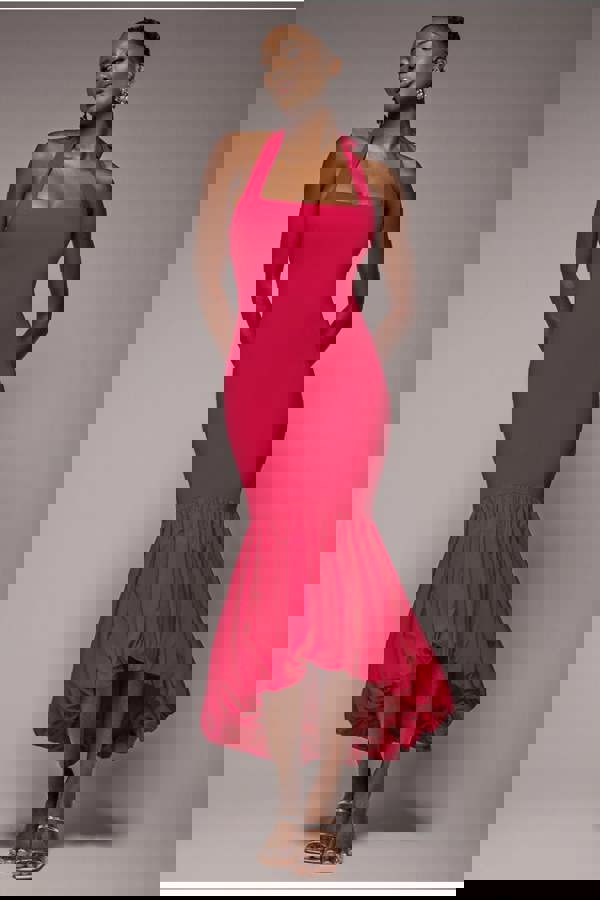 Halter Neck Puff Hem Mermaid Midaxi Dress - Red DR4747