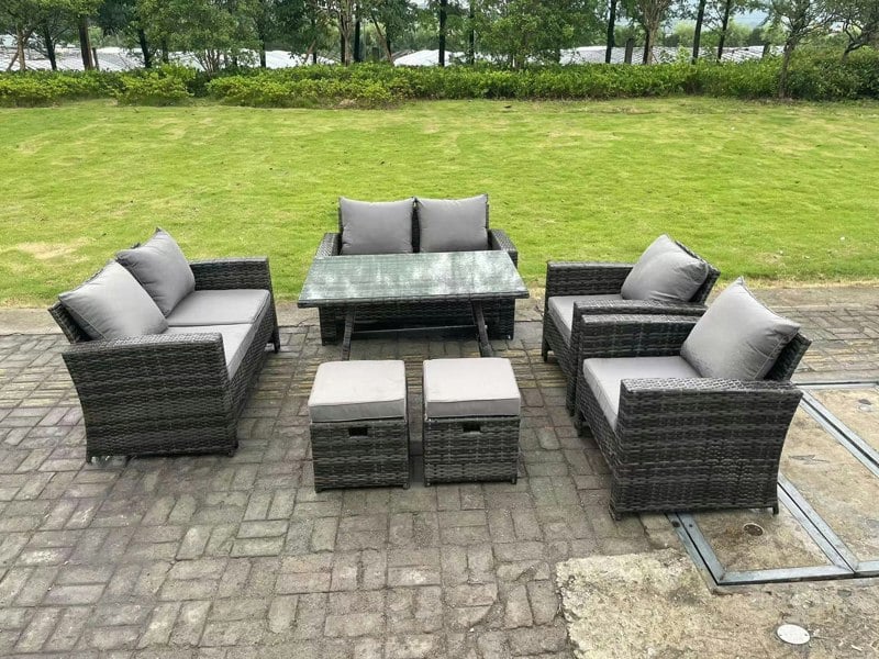 Fimous 8 Seater Outdoor Dark Grey Mixed High Back Rattan Sofa Dining Table Set Garden Furniture Love Sofa Chair 2Stools