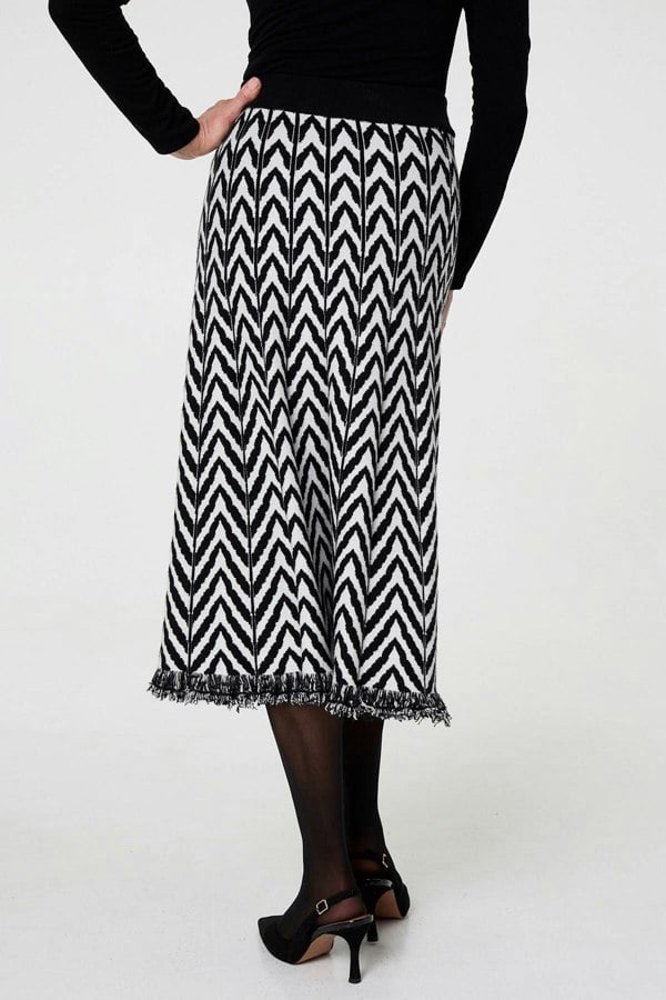 Black | Chevron Print Fringed Knit Midi Skirt
