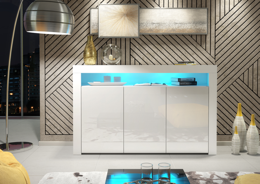 Mex Furniture 155cm Sideboard TV Stand Cupboard Cabinet – White High Gloss Doors with Free LED