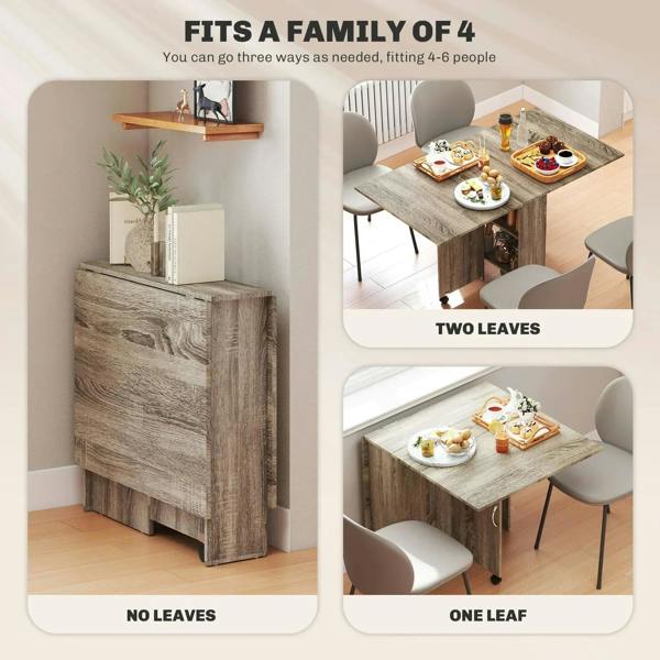 Grey folding dining table with drop leaves, setups: no/one/two leaves