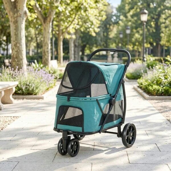 Dog Stroller, 3 Wheels Pet Stroller with Dual Entry, Easy One-Click Quick Fold, Mesh Windows, Washable Cushion