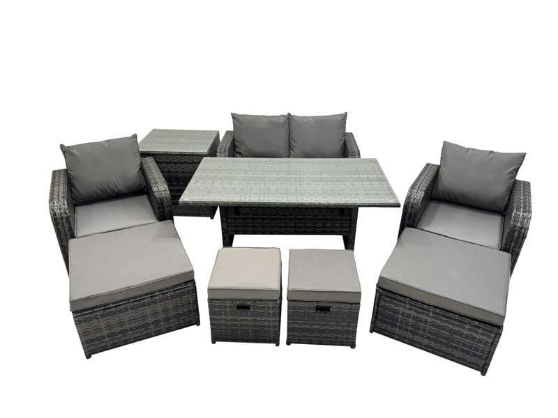 Fimous 8 Seat Outdoor Wicker PE Rattan Garden Furniture Set Dining Table Sofa Sets with 4 Stools Side Table Dark Grey Mixed