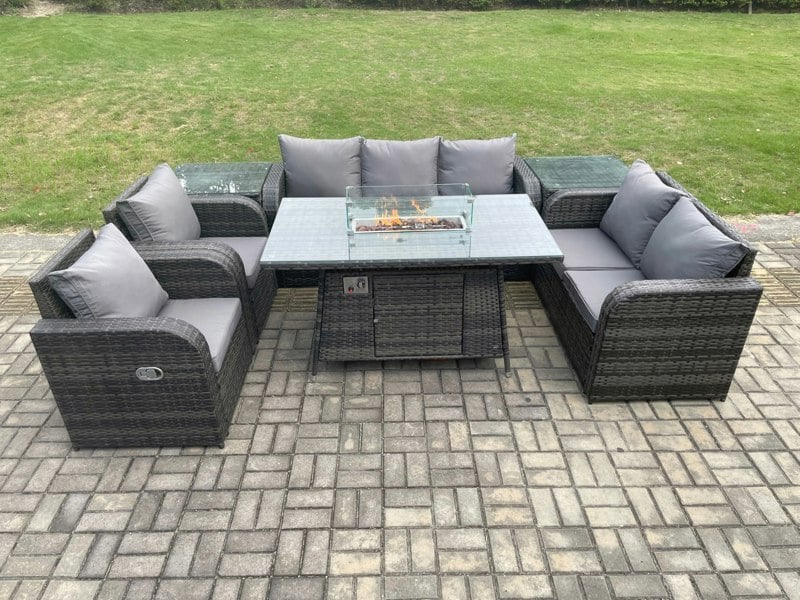 Fimous 7 Seater PE Wicker Outdoor Rattan Garden Furniture Set Propane Gas Fire Pit Table and Sofa Chair set with 2 Side Tables