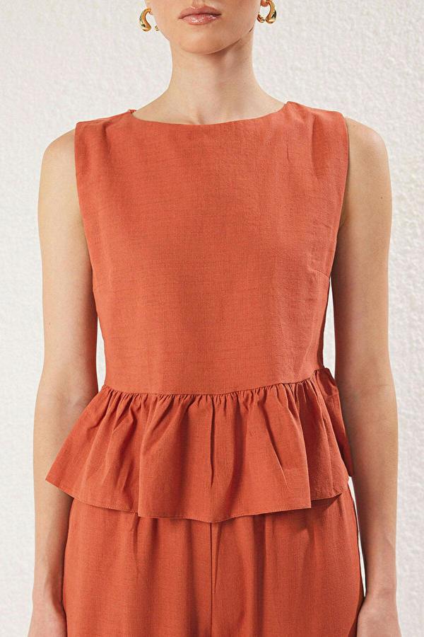 WOVCOR 2-Piece Linen-Look Crew Neck Blouse and Trousers Woven Set