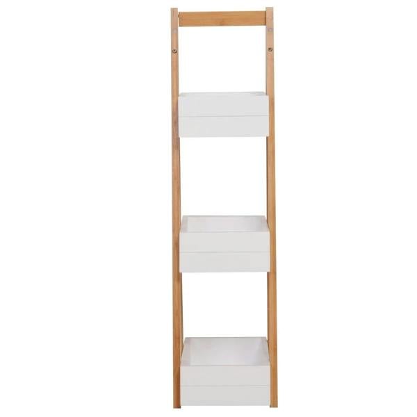 Tall freestanding 3-tier shower caddy with white shelves and bamboo frame