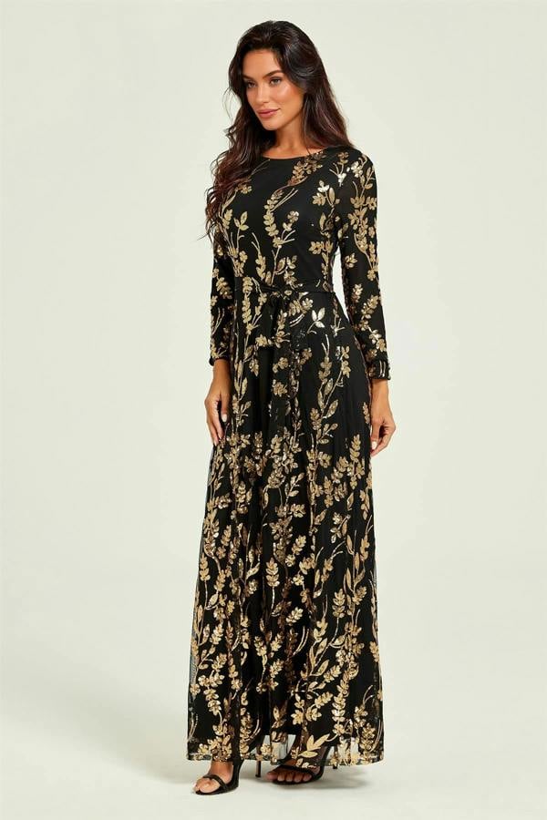 FS Collection Gold Sequin Leaf Long Sleeve Bridesmaid Maxi Dress In Black