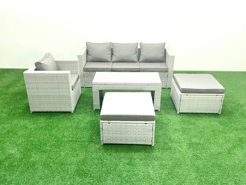 Fimous Outdoor Rattan Garden Furniture Set with Grey Cushions Luxury 6 Seater with 2 Big Footstools and Coffee Table For Conservatory,Patio