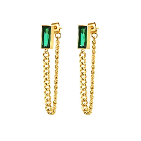 Chloe Earrings - 18K Gold Plated Stainless Steel Emerald Green Chain Drop Earrings
