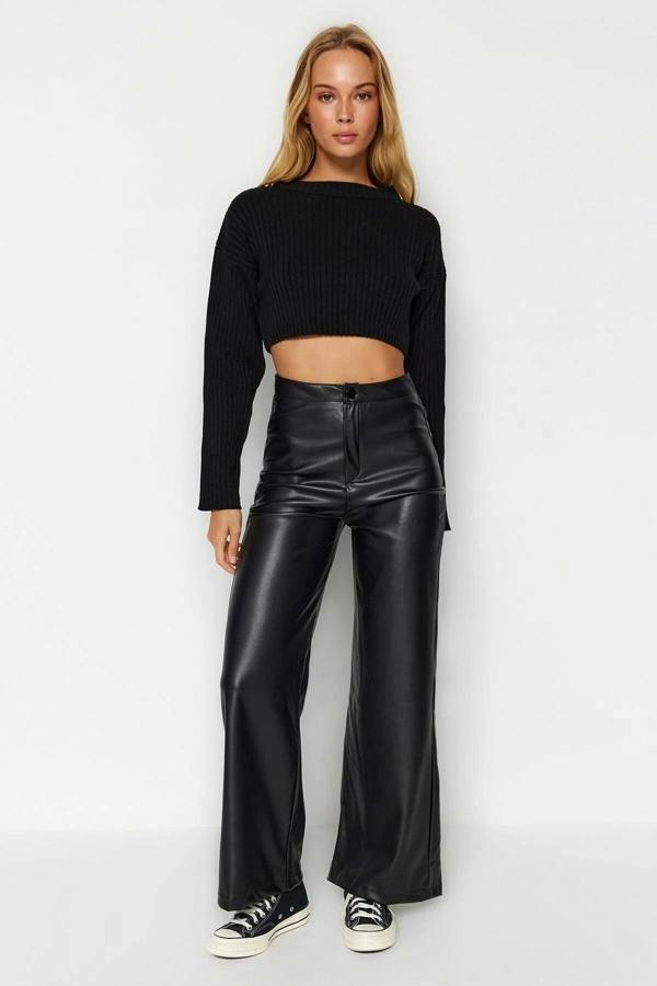 Hoxton Gal Faux Leather Wide Leg Knit Trousers with Pocket Detail