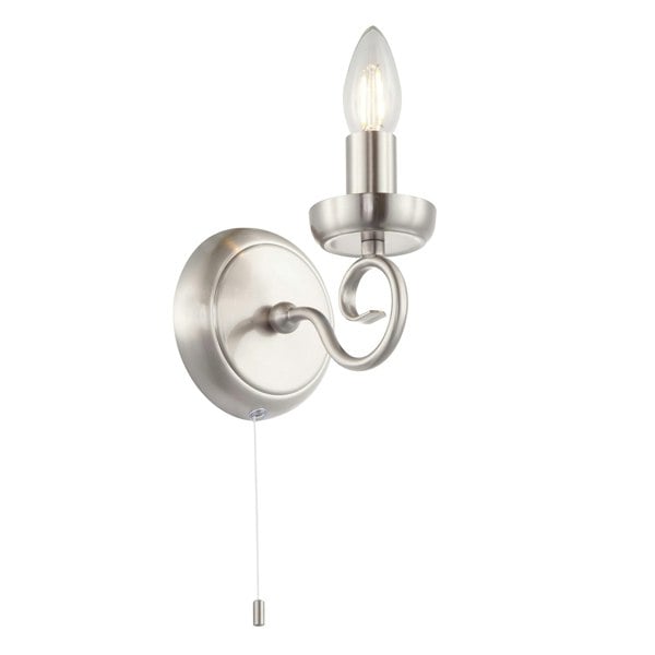 Traditional Satin Nickel Wall Light with Scroll Arm and Pull Switch Image 1
