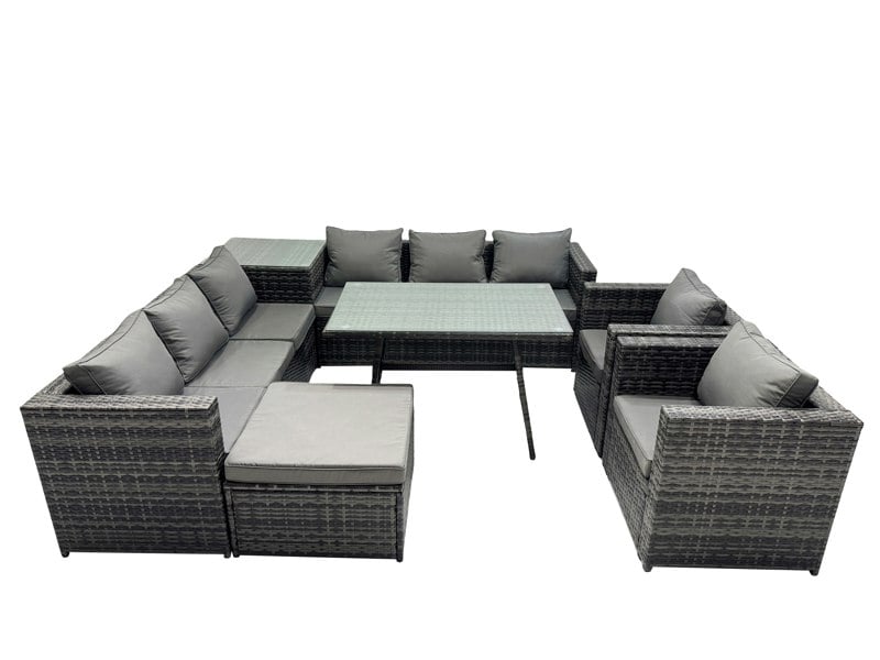 Fimous Outdoor Corner Sofa Chair Dining Table Set Garden Rattan Furniture Set 9 Seater with Big Stool Side Table Dark Grey