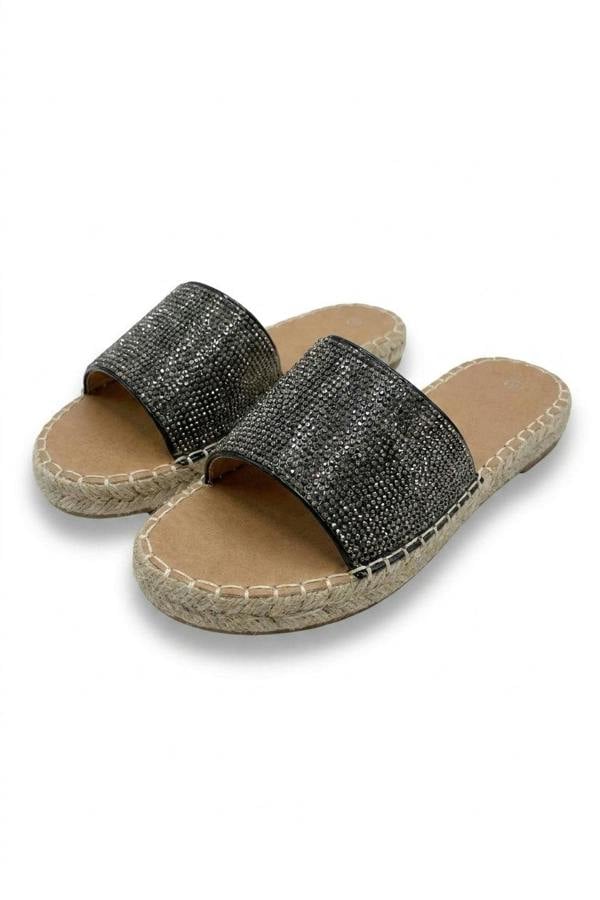 Shannon Diamante Slip On Sandals - Black_wb