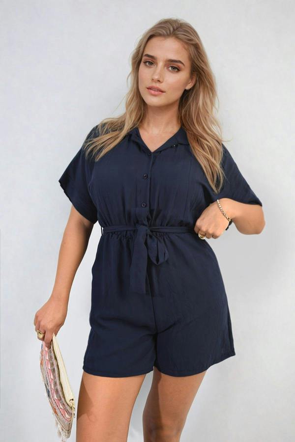 Brenda Buttoned Tie Waist Romper - Navy