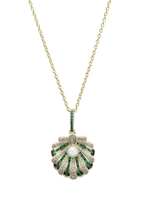 Latelita Art Deco Scallop Shell Pendant Necklace Emerald Green With Pearl Gold