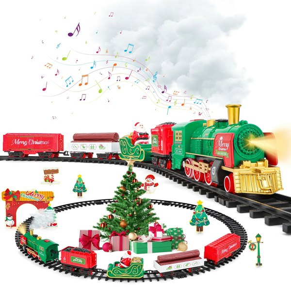 deAO Toys Christmas Train Set with Steam, Lights & Music -Electric Holiday Toy Train