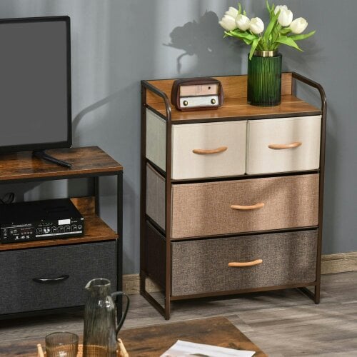Wyld Haus Matilda Natural Wood Top 4 Brown Fabric Storage Drawer and Black Steel Frame