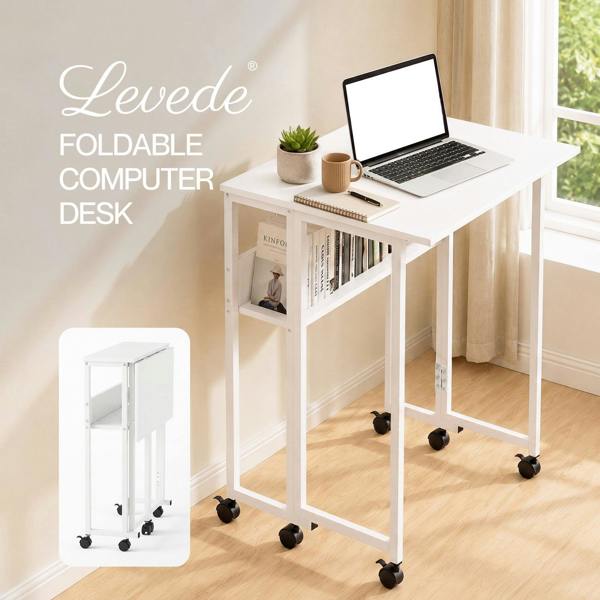 Levede Folding Computer Desk Extandable Table with Storage Shelf Wheeled Compact