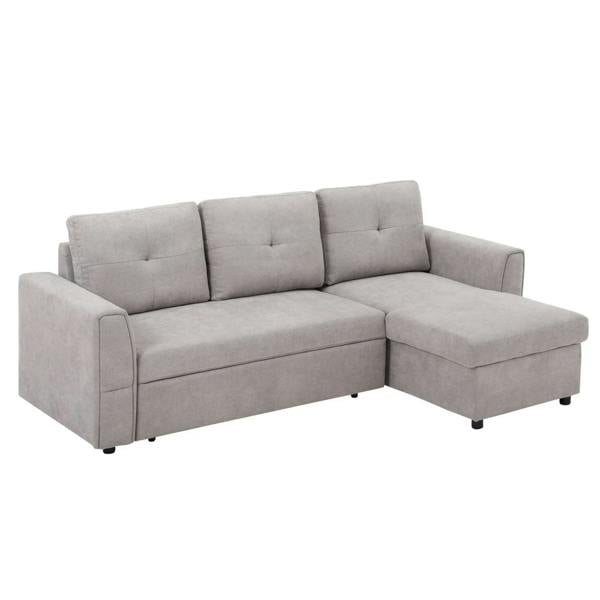 Light grey 3-seat sofa bed with pull-out chaise and tufted back cushions