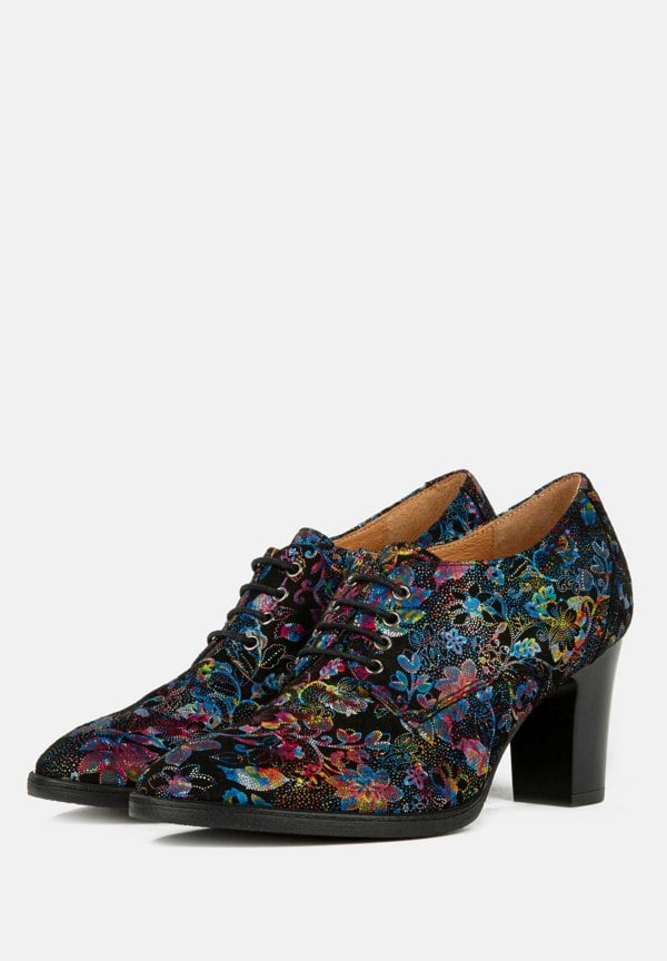 Embassy London Roulette - Black Flower - Women's leather heeled oxford lace-up