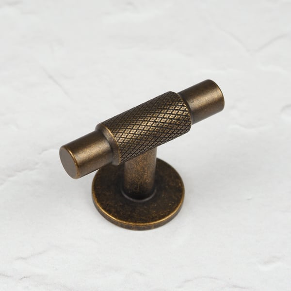 Handle & Home Rustic Antique Brass Knurled Cabinet Handle  Coordinating T-Bar Knob