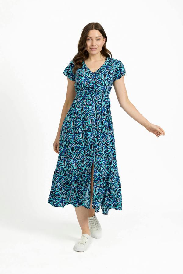 Mudflower Leaf Print Flared Button-Up Midi Dress