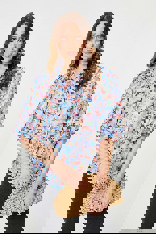 Blue | Printed Puff Sleeve Collared Shirt
