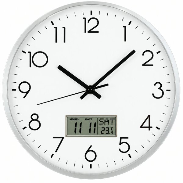 ATEK 12 Inch Silent Wall Clock with LCD Date Day Temperature White Silver