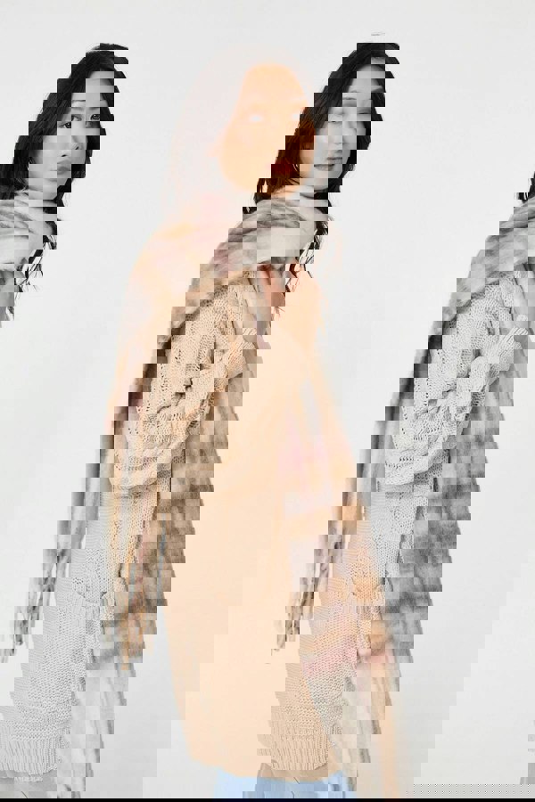 Beige | Checked Print Oversize Fringed Scarf
