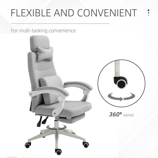 Light grey fabric office chair with high back and headrest pillow, 360° swivel base