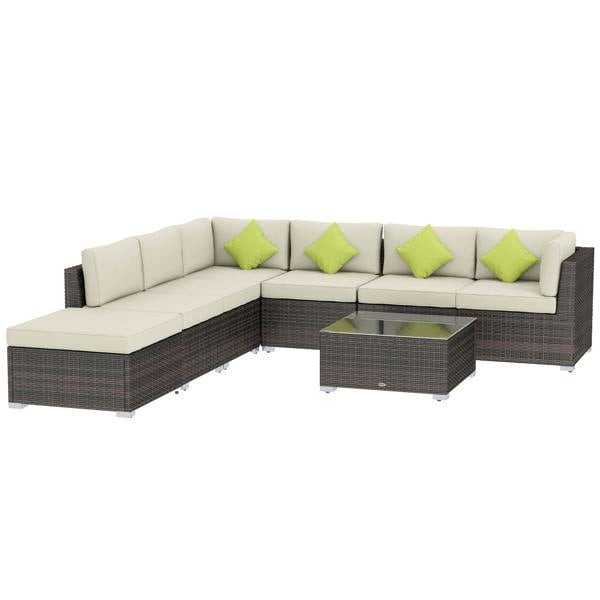 Wyld Haus Dobazi  Mixed Brown Rattan 6 Seater Corner Sofa Set With Cushions And Glass Coffee Table