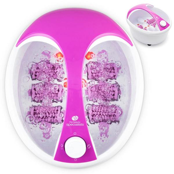 The Rio Deluxe Foot Spa Bath and Massager in purple, shown from above with massage rollers and bubbling water. An inset image provides an angled view of the same foot spa for added perspective.