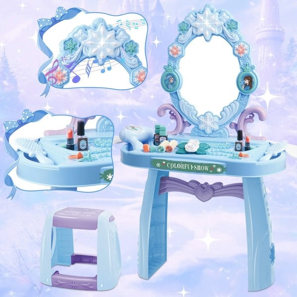 deAO Toys Girls Light Makeup Table Vanity Set with Mirror, Lights & Music, Pretend Play