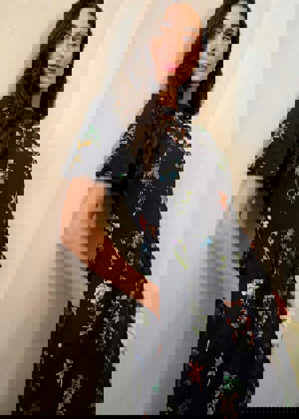 Gini London Navy Cotton Floral Print Puff Ball Midi Dress