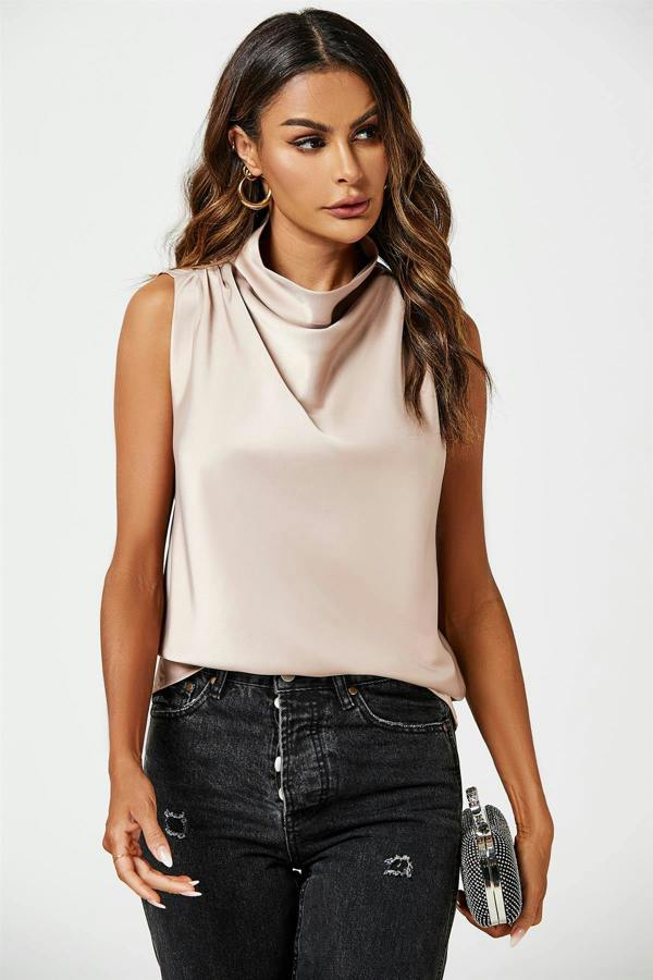FS Collection Satin High Neck Sleeveless Blouse In Light Brown