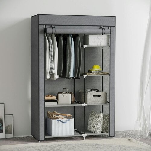 HOMCOM Fabric Wardrobe w/ Shelves Hanging Rail Foldable Closets - Dark Grey - Black - Fabric Wardrobe