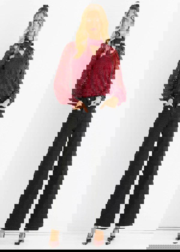 Gini London Burgundy Animal Lace Neck Tie Detail Blouse