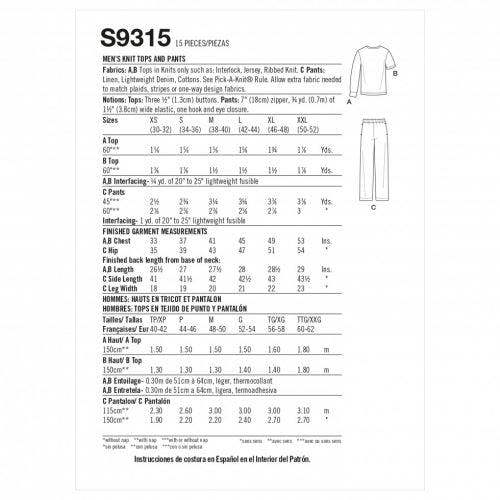 Simplicity Sewing Pattern 9315, Tops, Trousers for Men, A (XS-S-M-L-XL-XXL) - Easy