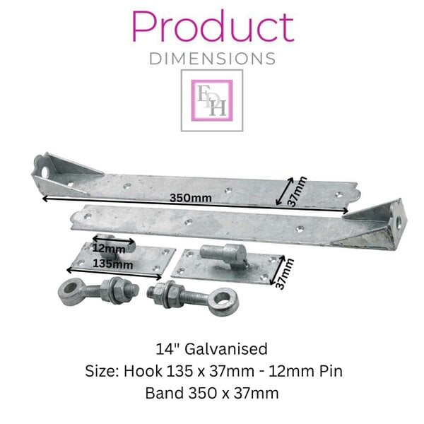 EDH Door Hardware 14" Galvanised Adjustable Hook & Band Gate Hinges Heavy Duty 350mm Pair