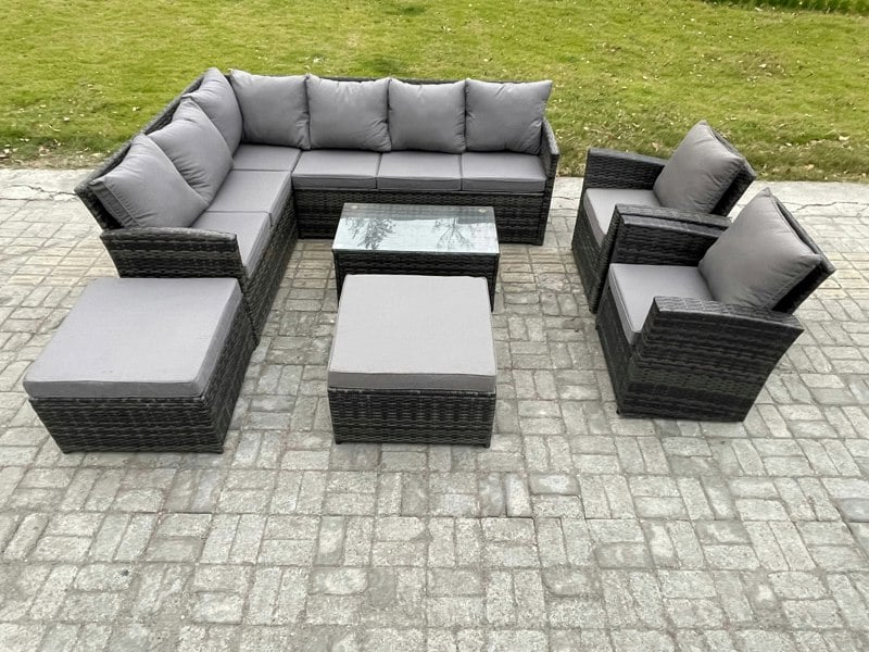 Fimous 10 Seater Rattan Lounge Corner Sofa Set Wicker PE Outdoor Garden Furniture Set with Coffee Table 2 Big Footstool 2 Armchair Dark Grey Mixed