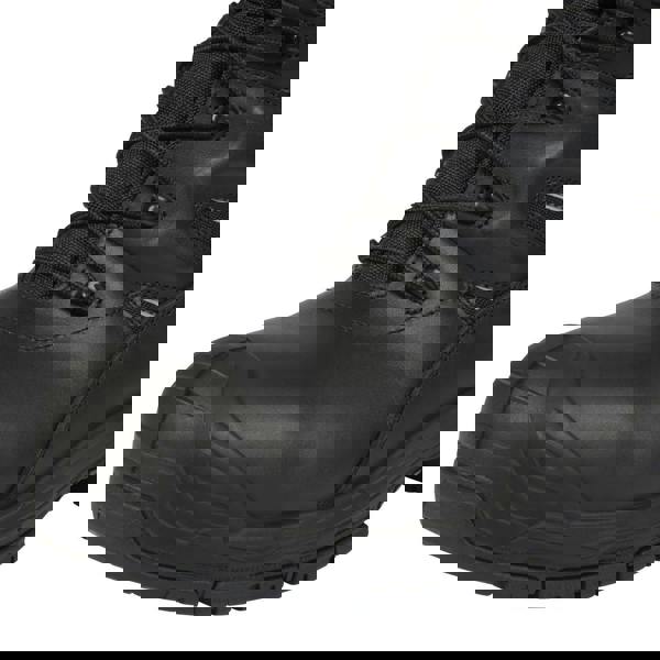 Apache APACHE Combat Mens Side Zip Safety Work Composite Toe S3 Tall Boots, Close-up of black safety work boots with side zipper, durable leather upper, reinforced toe cap, and rugged slip-resistant sole.