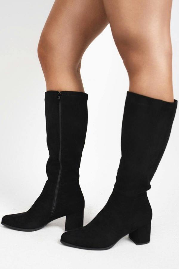 Ardina Suede Knee High Block Heel Boots - Black
