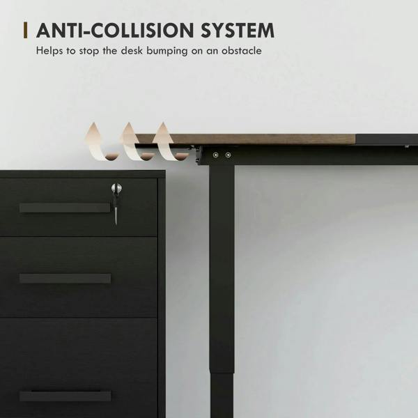 Anti-collision safety bracket under the desktop on dark metal standing desk frame