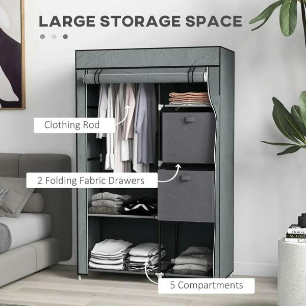 Dark grey fabric wardrobe with hanging rail, two folding fabric drawers, and multiple compartments