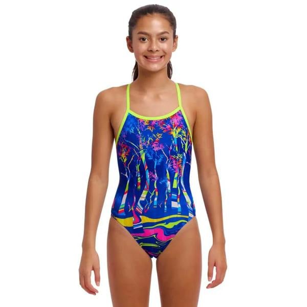 Funkita Girls Dammed Single Strap Swimsuit in blue neon nylon spandex