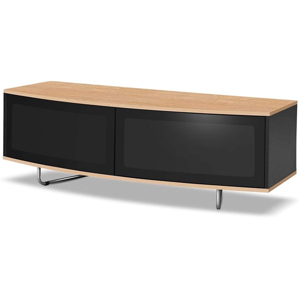 Centurion Supports Caru Gloss Black and Oak Beam-Thru Remote Friendly Super-Contemporary "D" Shape Design 32"-65" LED/OLED/LCD TV Cabinet